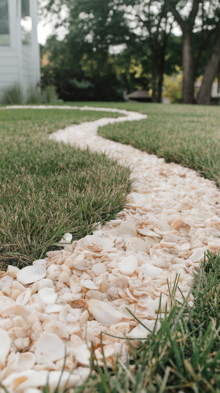 A garden path lined with white shells curving through a green lawn