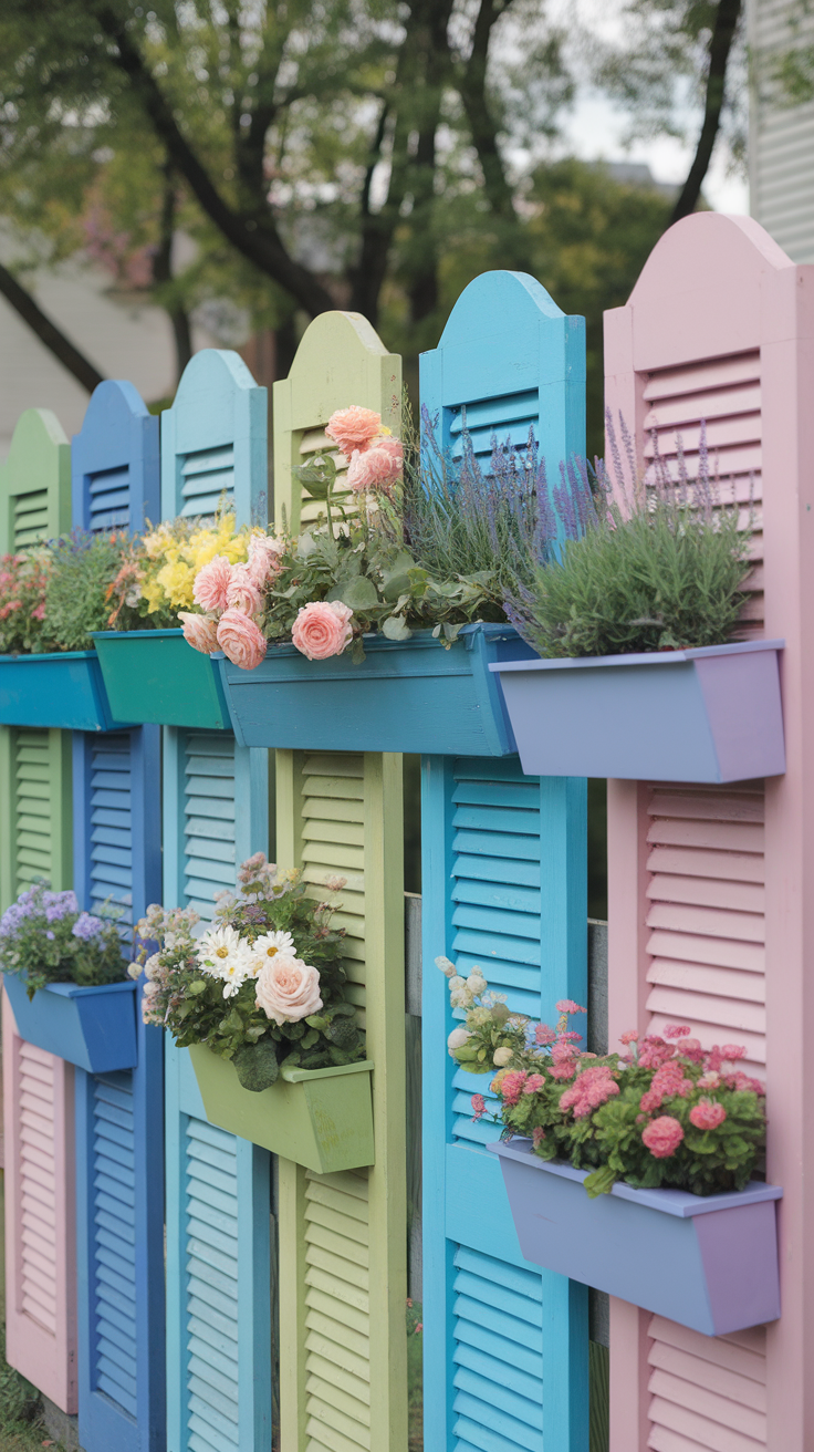 Colorful flower boxes mounted on a decorative fence with various flowers