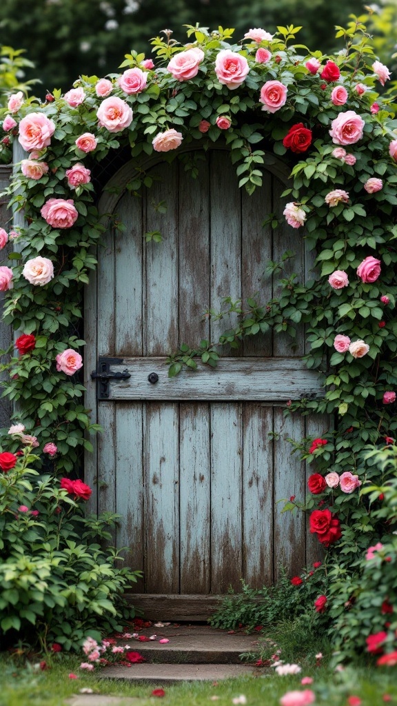 A weathered wooden gate surrounded by climbing roses in various shades of pink and red.