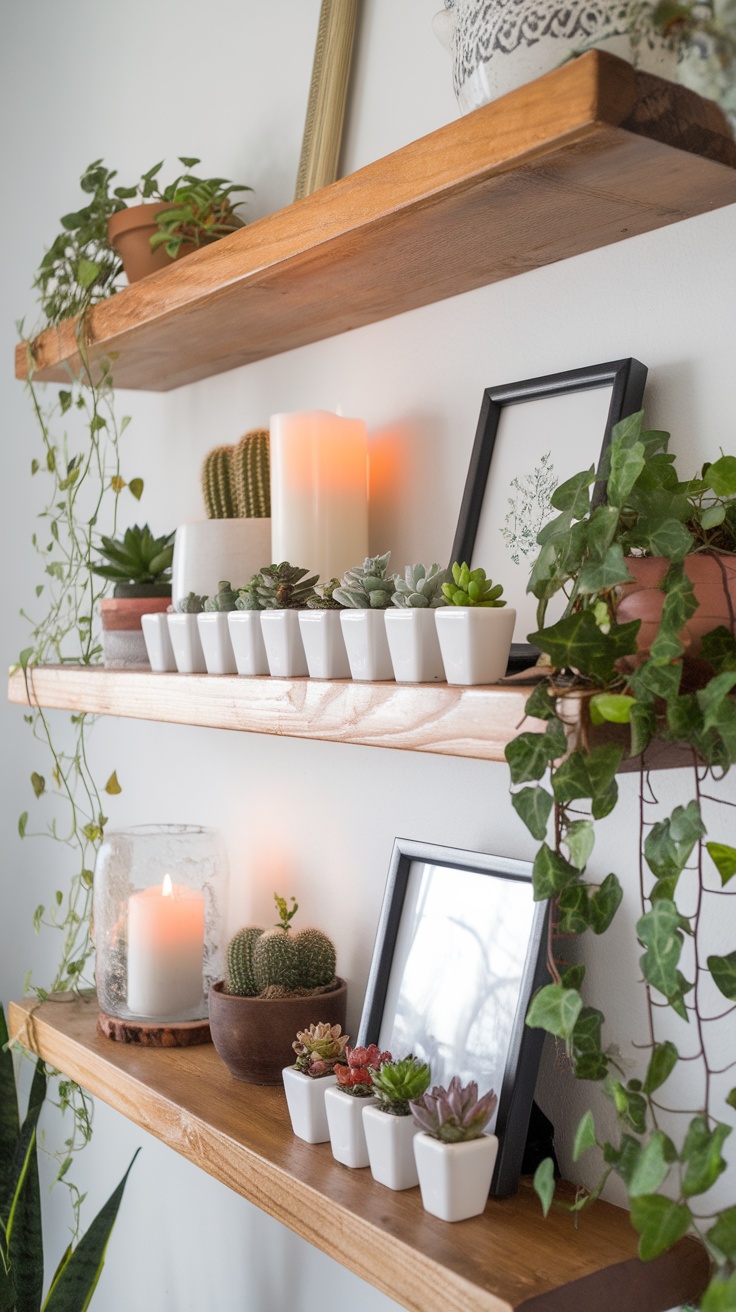 A wooden shelf displaying various plants in pots, including succulents, cacti, and trailing vines, along with candles and framed art.