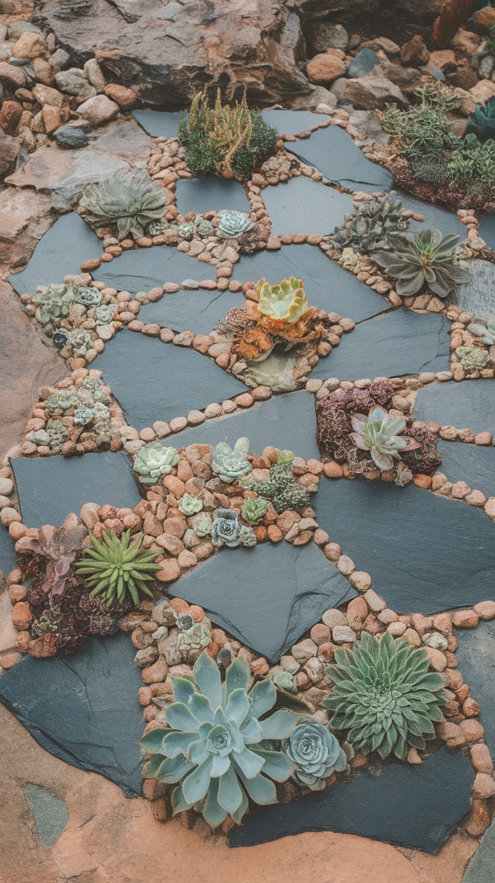 A beautifully designed slate sidewalk with succulents in between