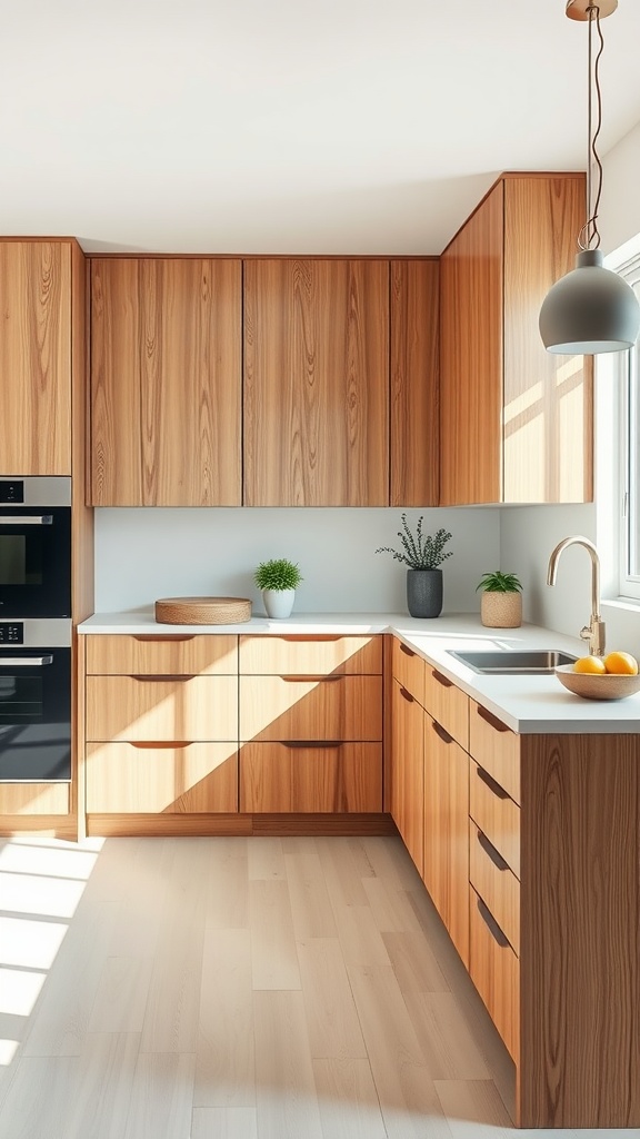Modern kitchen with sleek minimalist wood cabinets and natural lighting.