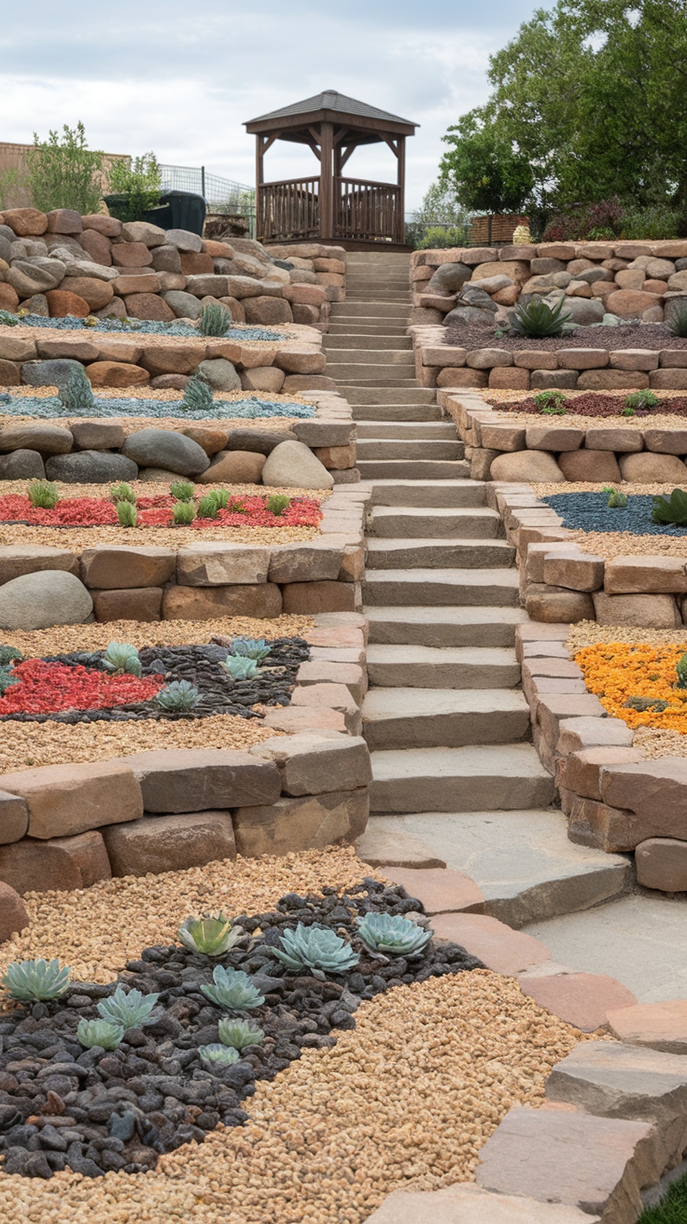 A sloped backyard featuring layered beds of succulents, colorful gravel, and a gazebo.