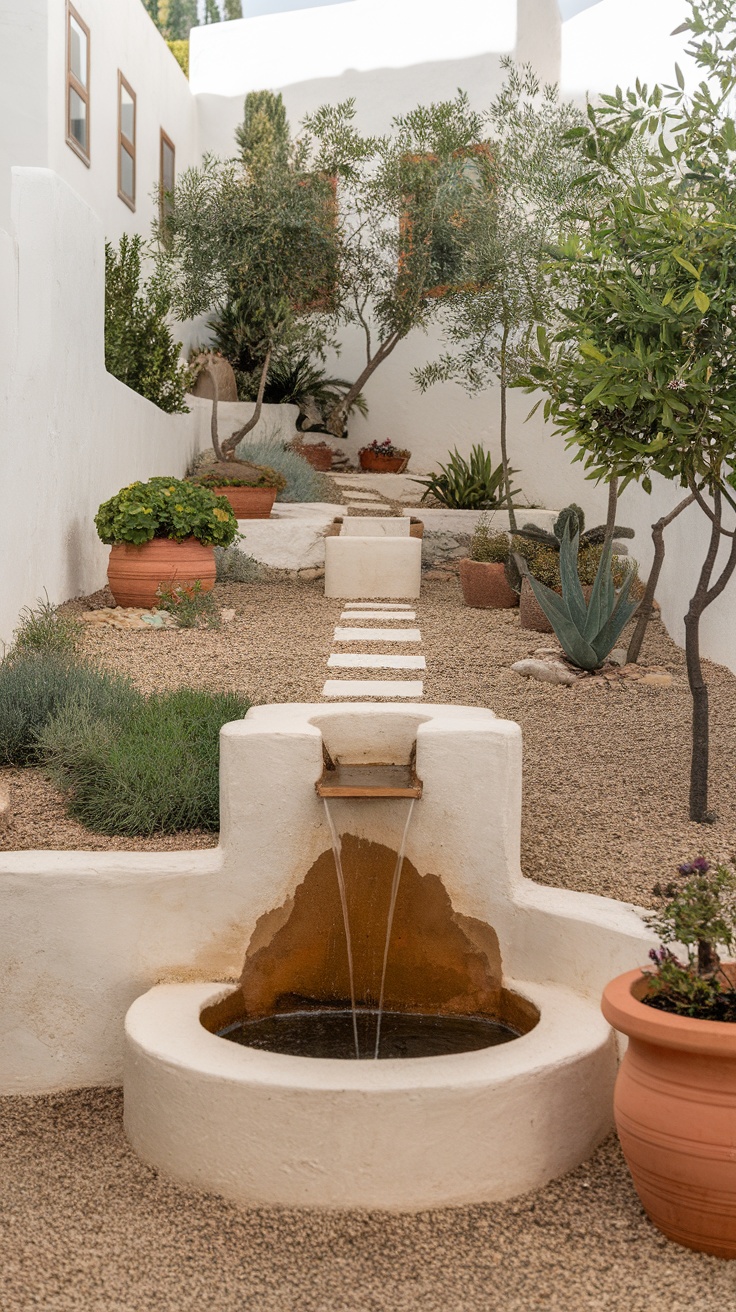 A sloped courtyard featuring a water fountain, potted plants, and a pathway of stepping stones.