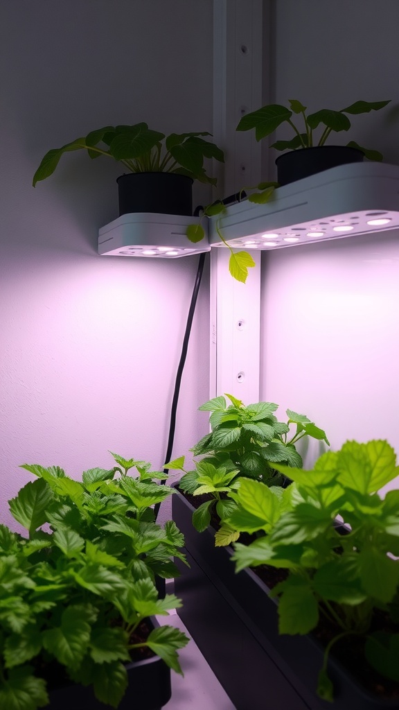 A small hydroponics setup with various green plants growing under LED lights.