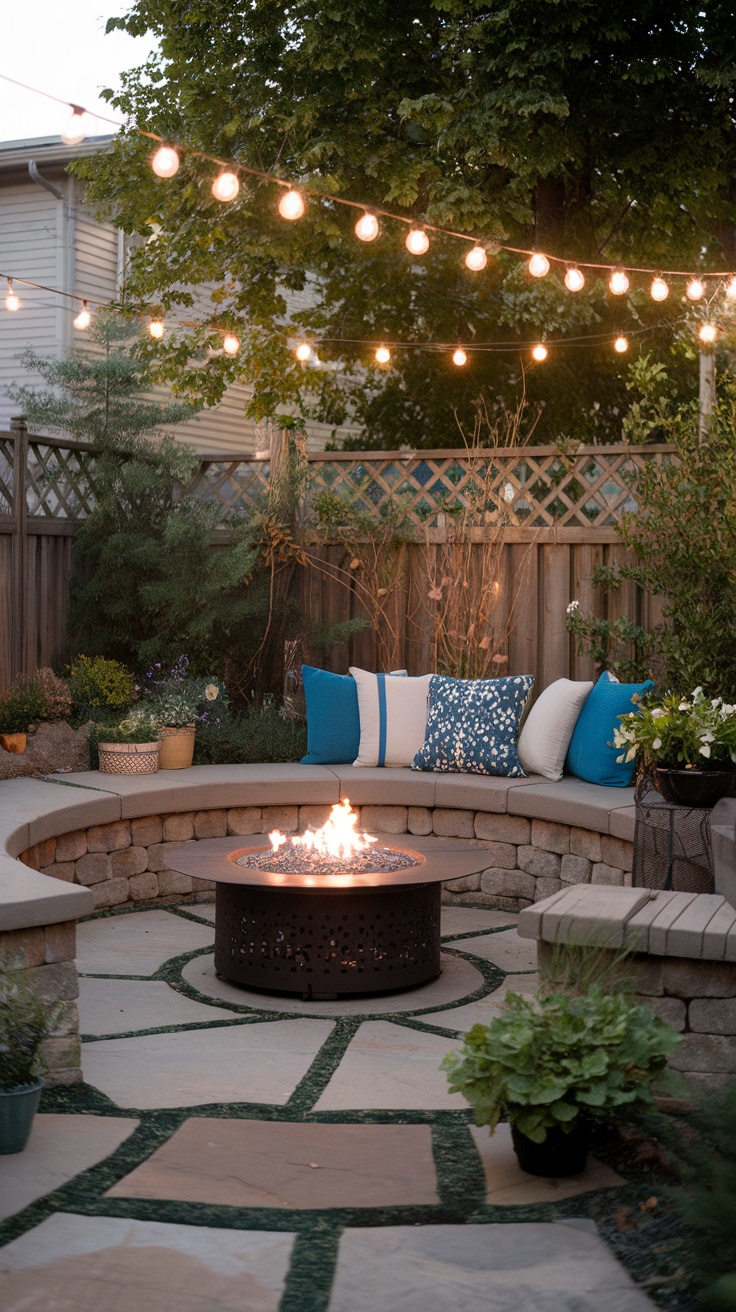 Small space patio with cozy seating around a fire pit, featuring cushions and fairy lights