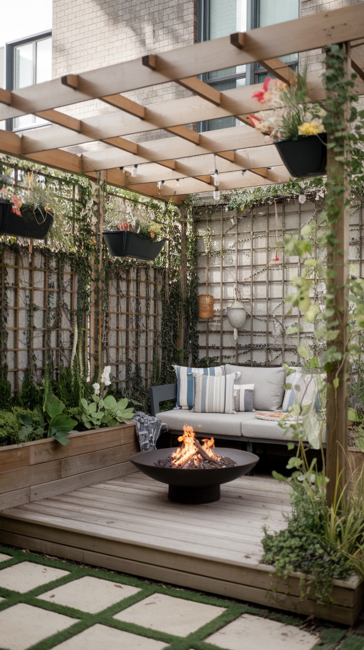 A cozy urban pergola with seating, a fire pit, and surrounding greenery.