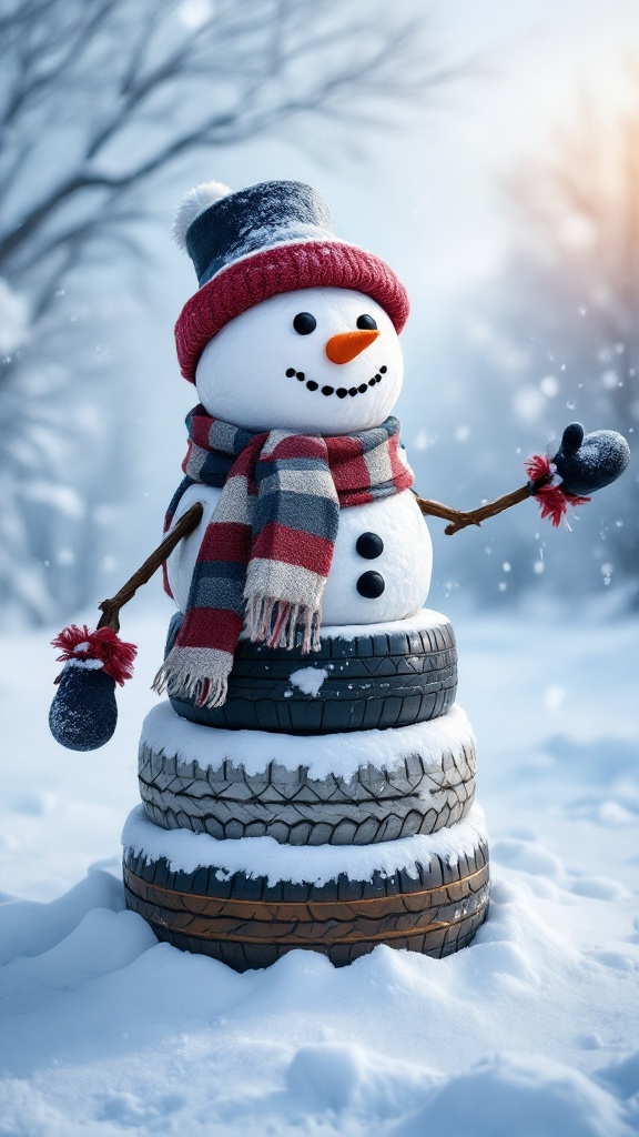 A snowman made from old tires, wearing a red hat and scarf, with a cheerful expression.