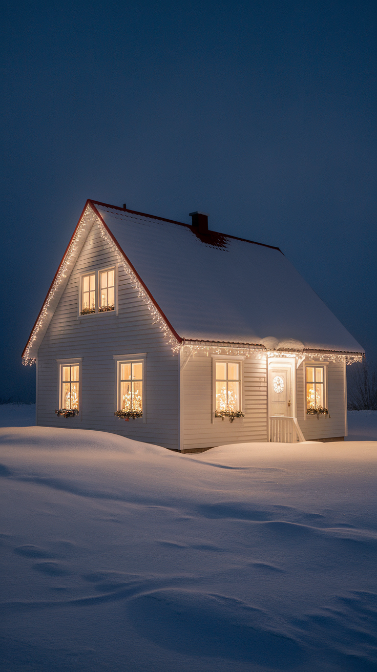 A snowy house at night, illuminated by warm lights in the windows.