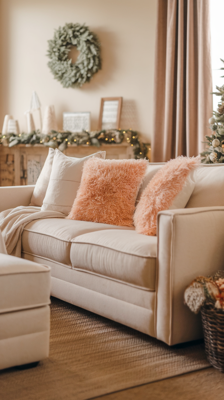 Cozy living room with soft peach fuzz throw pillows on a beige sofa