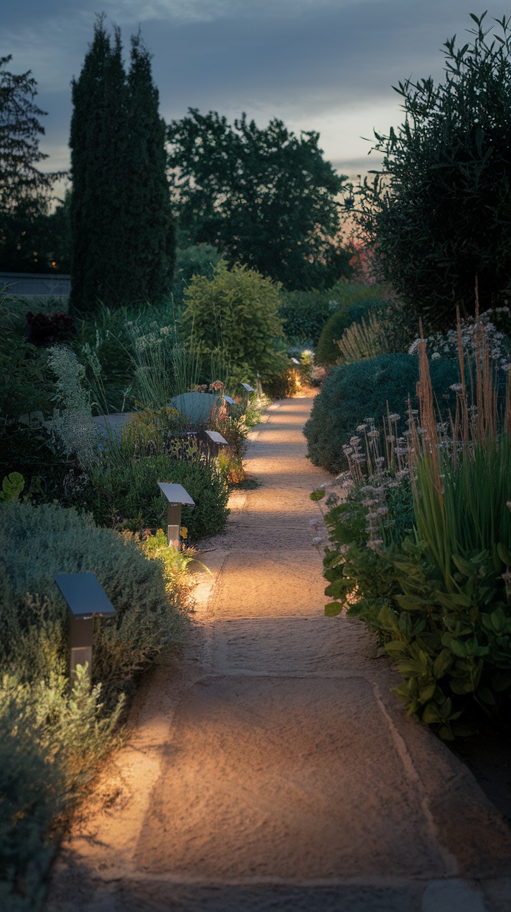 A garden path illuminated by solar lights at dusk.