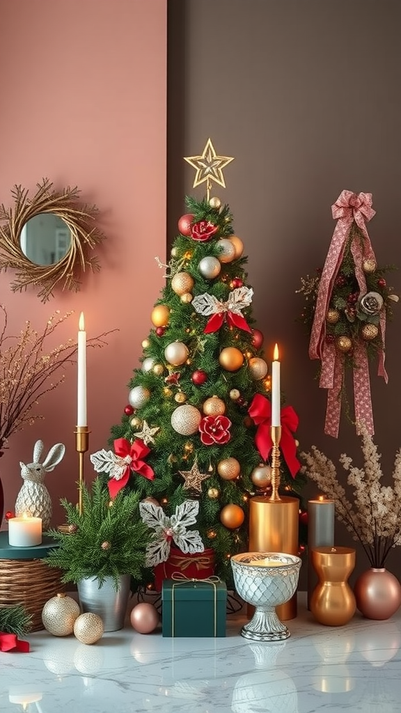 A beautifully decorated Christmas tree with warm tones and elegant ornaments, surrounded by candles and festive decor.