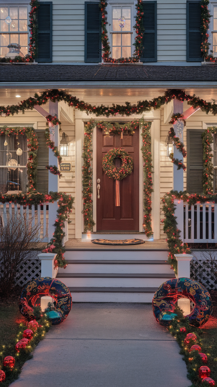 A festive home entrance adorned with vibrant jewel-toned decor and greenery.