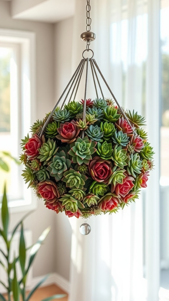 A spherical chandelier made of colorful succulents and roses, hanging in a bright room.