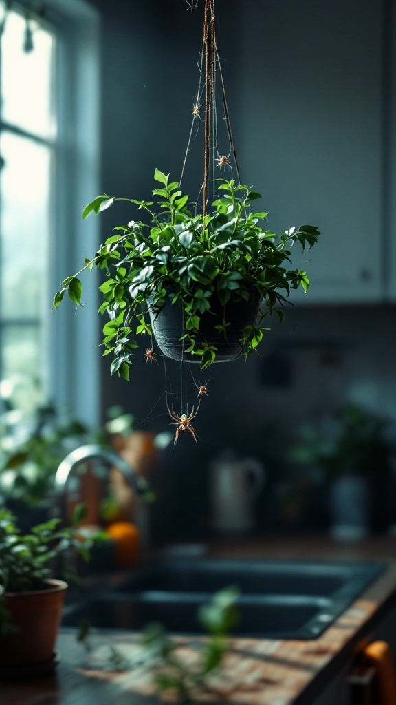 A spider plant hanging in a kitchen, surrounded by other plants.