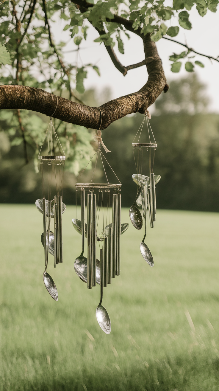 Wind chimes made of spoons hanging from a tree branch