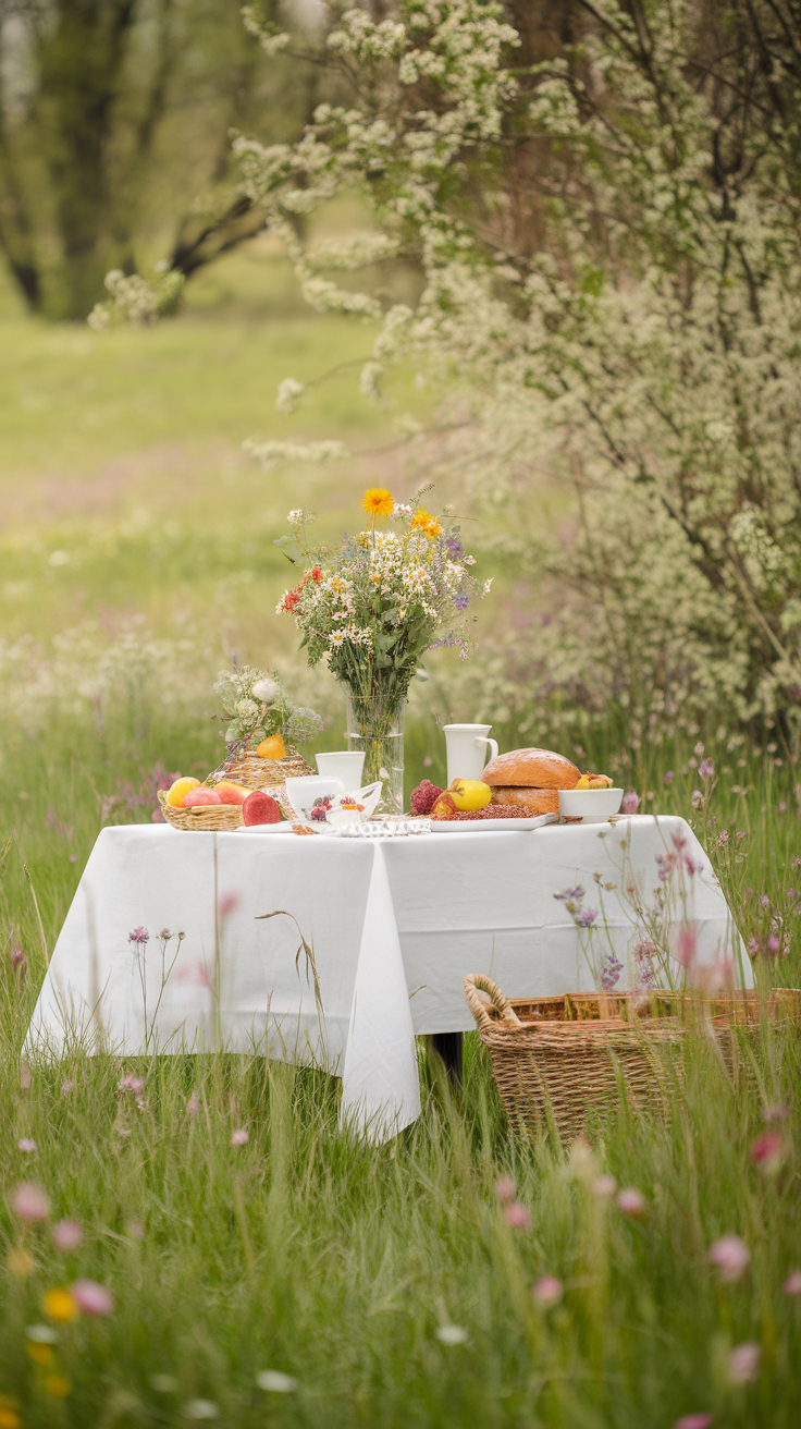 A breakfast table set in a spring meadow with flowers and fruits.