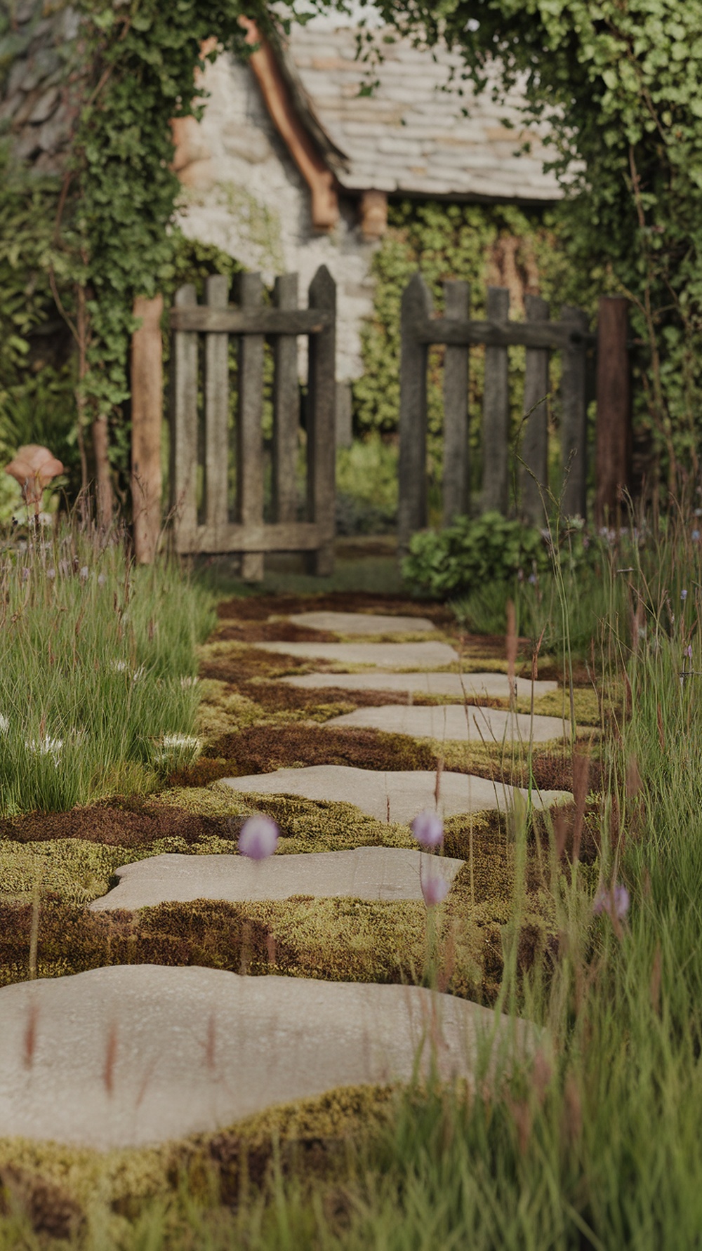 A stepping stone pathway with moss leading to a wooden gate and lush greenery.