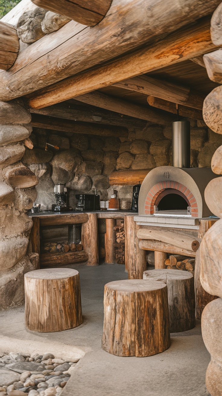 A rustic outdoor kitchen made of stone and timber with a log seating area and an oven.