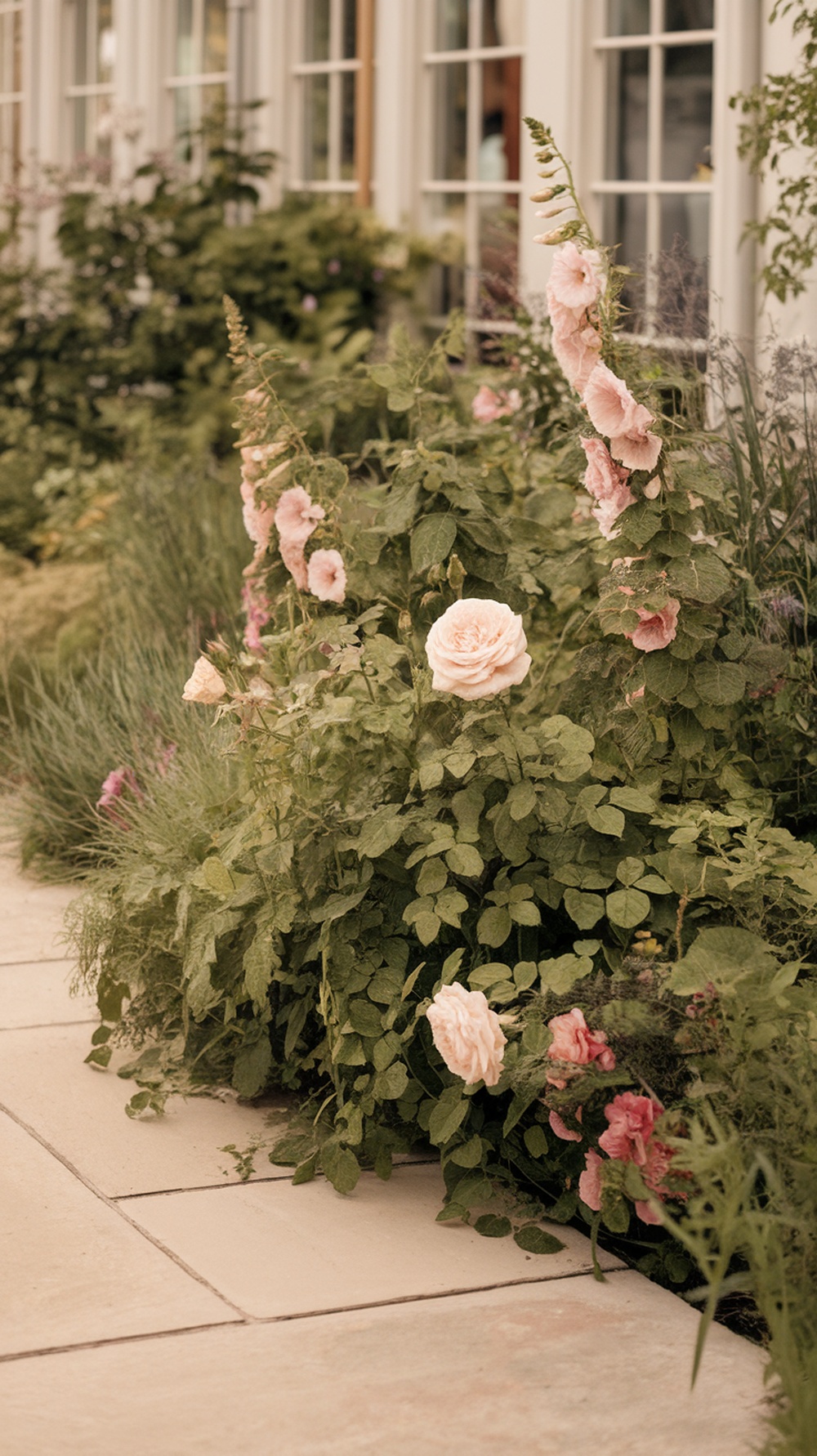 A charming stone patio surrounded by blooming roses and hollyhocks in a cottage garden setting.
