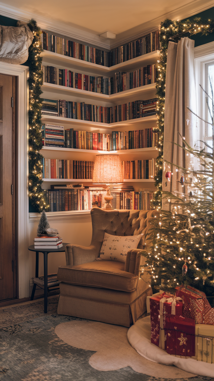 A cozy reading nook adorned with holiday decorations, showcasing bookshelves, a comfortable chair, and festive lights.