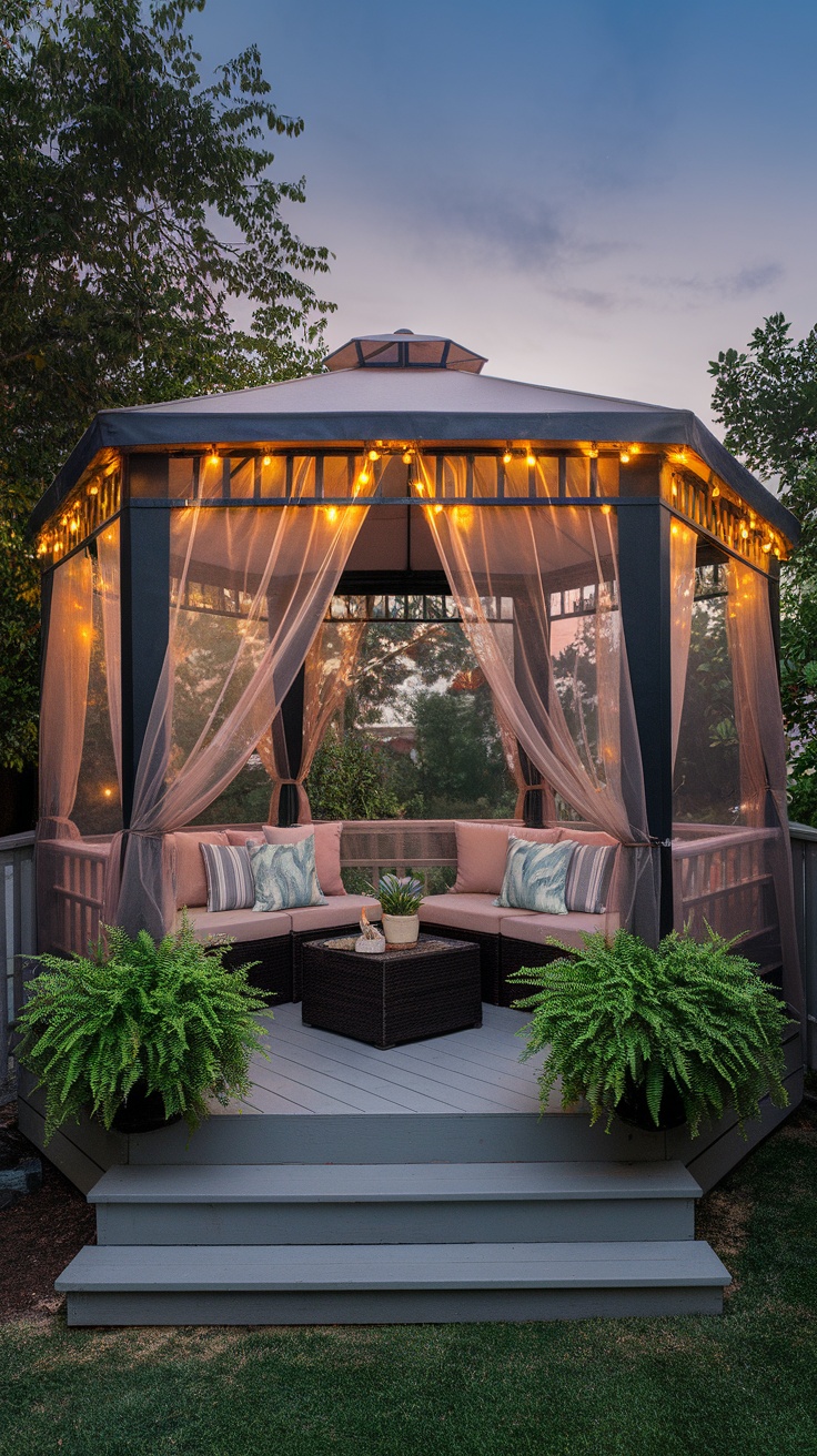 A cozy gazebo with string lights and plush seating surrounded by greenery.