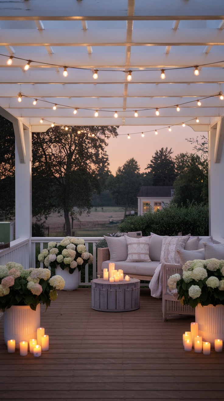 A cozy evening setting under a pergola with string lights, plush seating, candles, and blooming flowers.