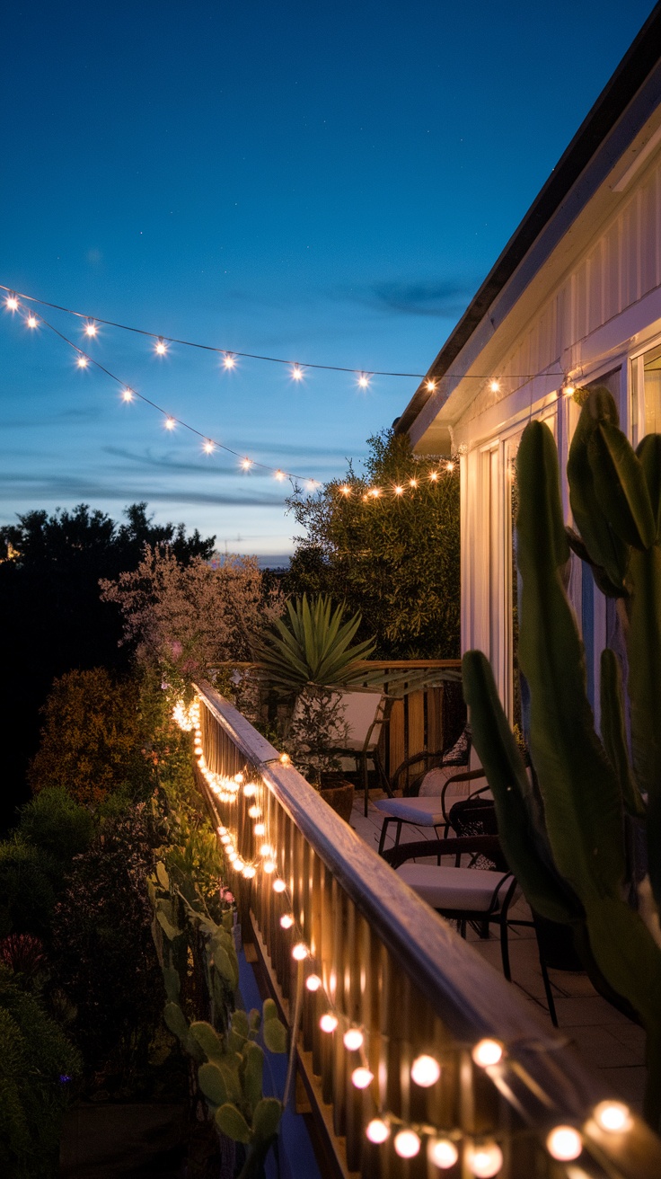 A balcony garden illuminated by string lights during the evening.