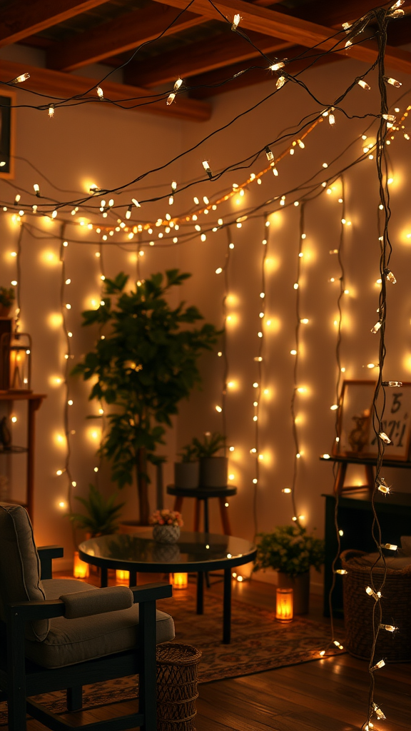 A cozy living space decorated with string lights, plants, and a comfortable chair.