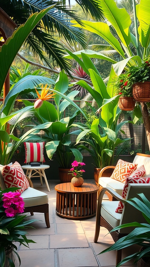 A cozy outdoor seating area with tropical plants and colorful cushions.