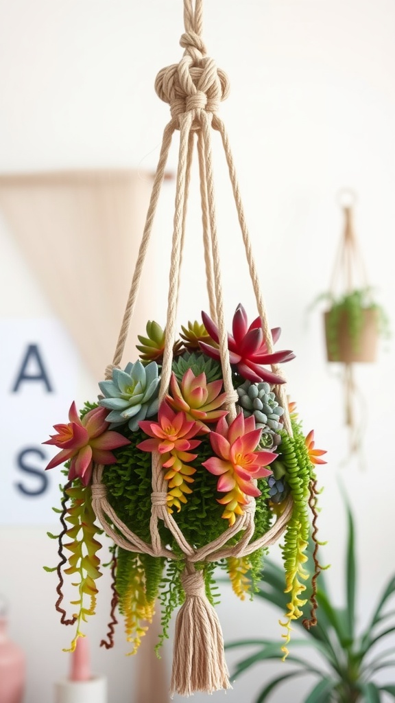 A macrame chandelier filled with colorful succulent plants, hanging decoratively.