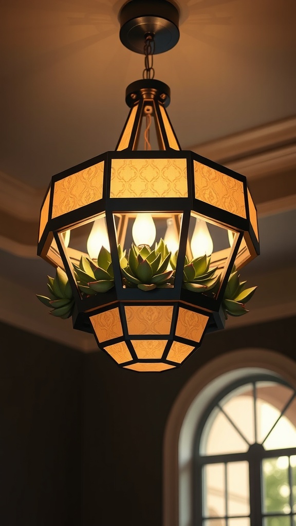 Art Deco chandelier with succulents, showcasing a blend of elegance and nature.