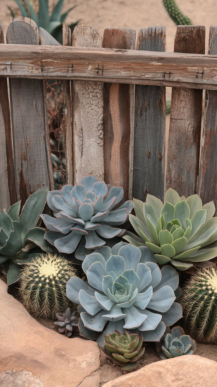 A collection of various succulents and cacti displayed near a wooden fence.