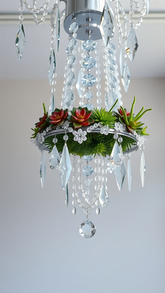 A chandelier featuring succulents and crystal accents, showcasing a blend of natural and decorative elements.