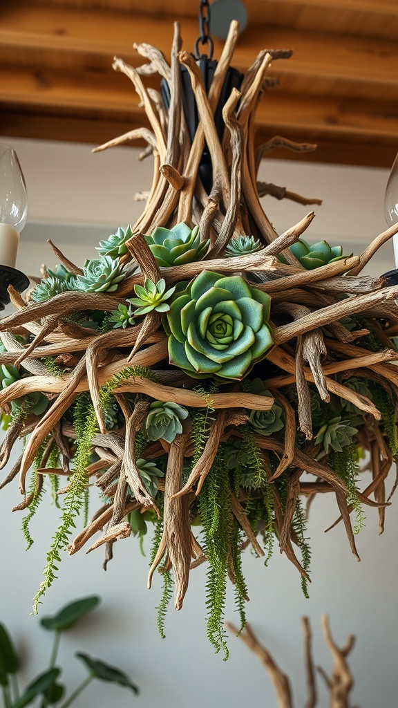 A chandelier made from driftwood and succulents, showcasing a blend of natural elements.