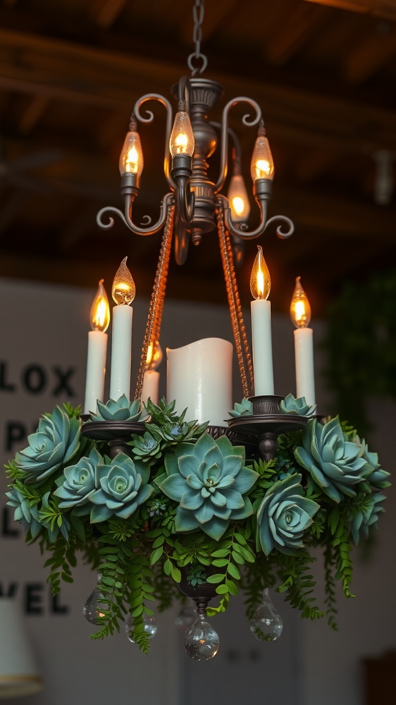 A chandelier adorned with succulents and candles, adding a lively touch to the room.