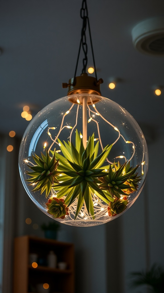 A glass globe chandelier featuring succulents and twinkling lights.