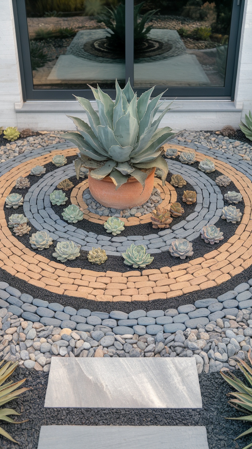 A beautiful succulent pebble bed featuring a center agave plant, surrounded by various colored pebbles in a spiral pattern.