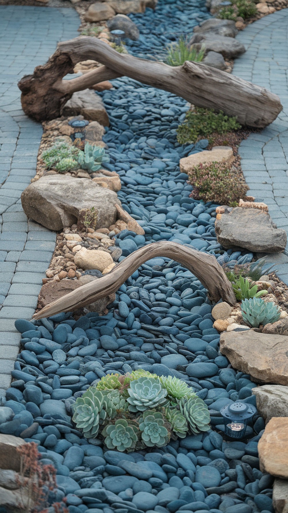 A beautifully designed succulent riverbed featuring blue stones, driftwood, and various succulent plants
