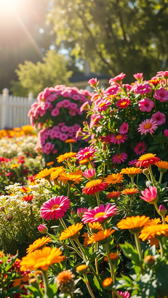 A colorful flower garden with pink, orange, and yellow flowers basking in sunlight.