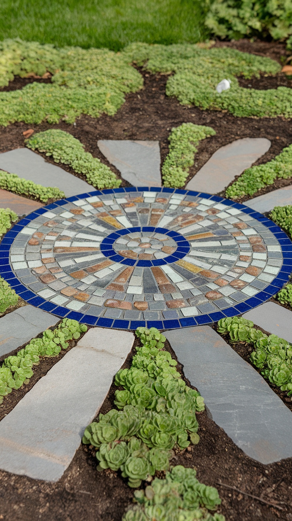 A beautifully designed sunburst mosaic trail surrounded by green plants.