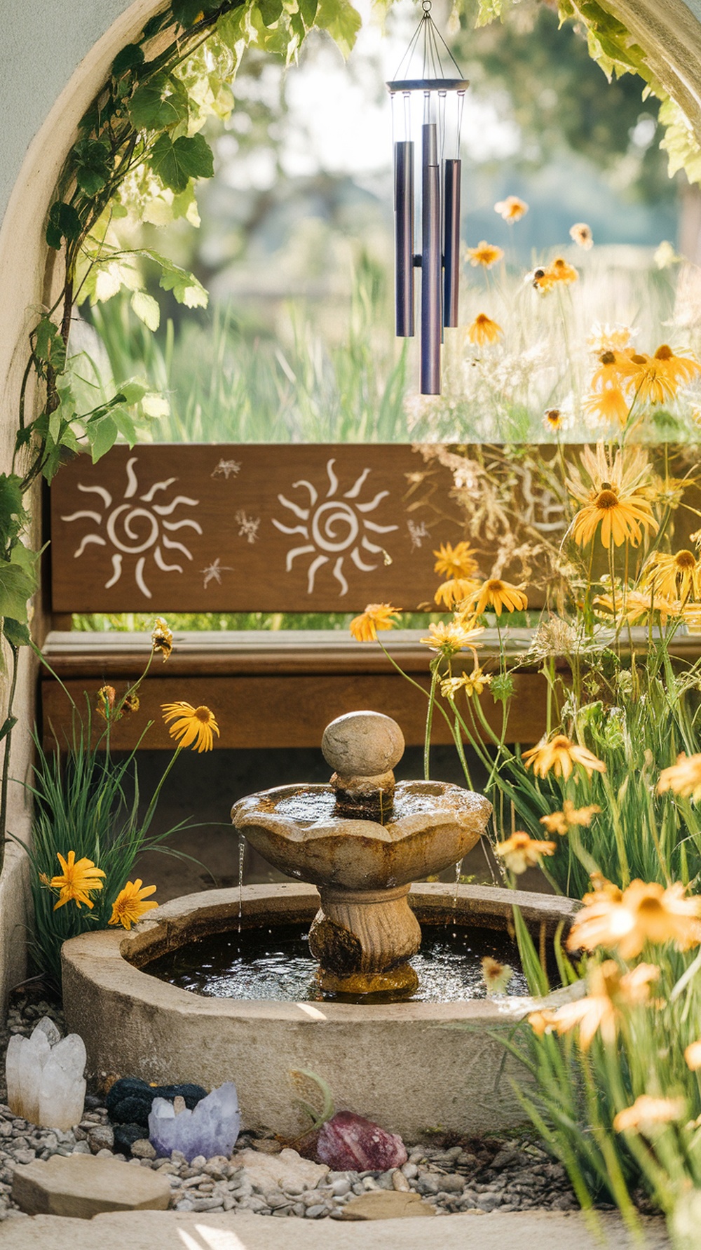 A beautiful garden featuring a fountain, flowers, and wind chimes, creating a serene atmosphere.