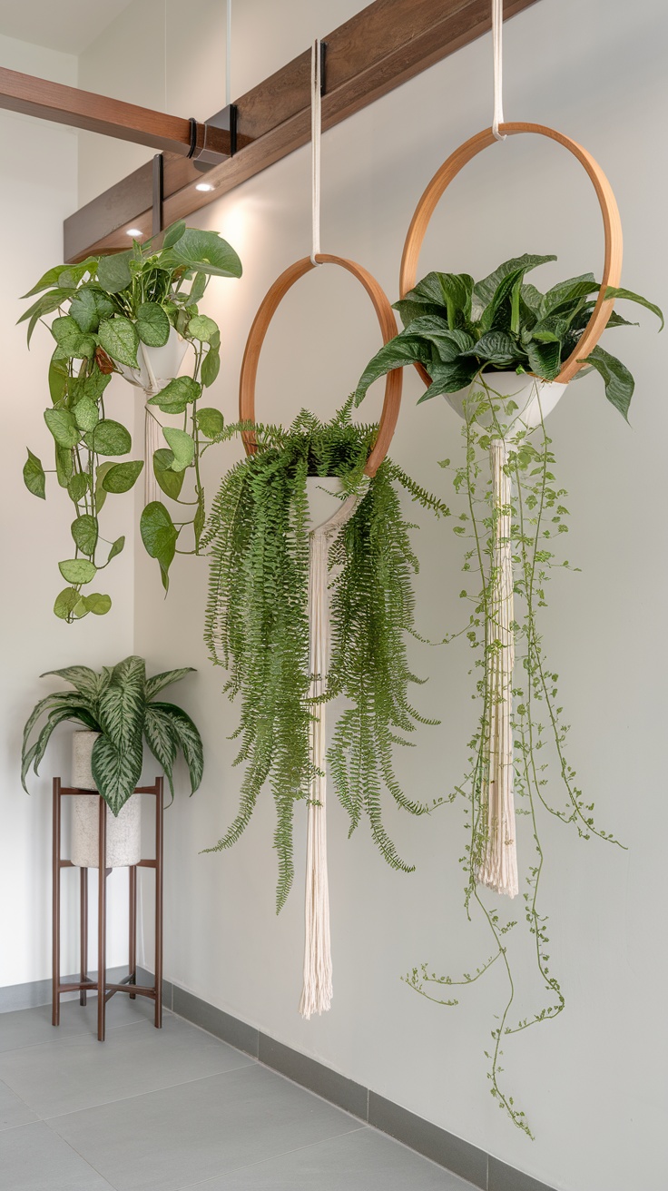 Hanging plants displayed in suspended wooden rings, featuring various greenery on a light wall.