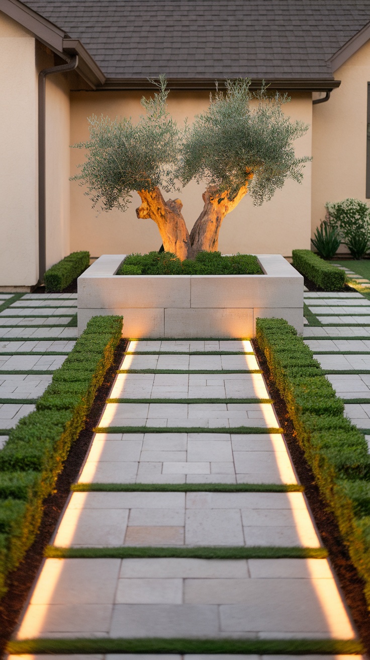 A modern front yard featuring a symmetrical pathway leading to a lit olive tree, surrounded by trimmed hedges and paving stones.