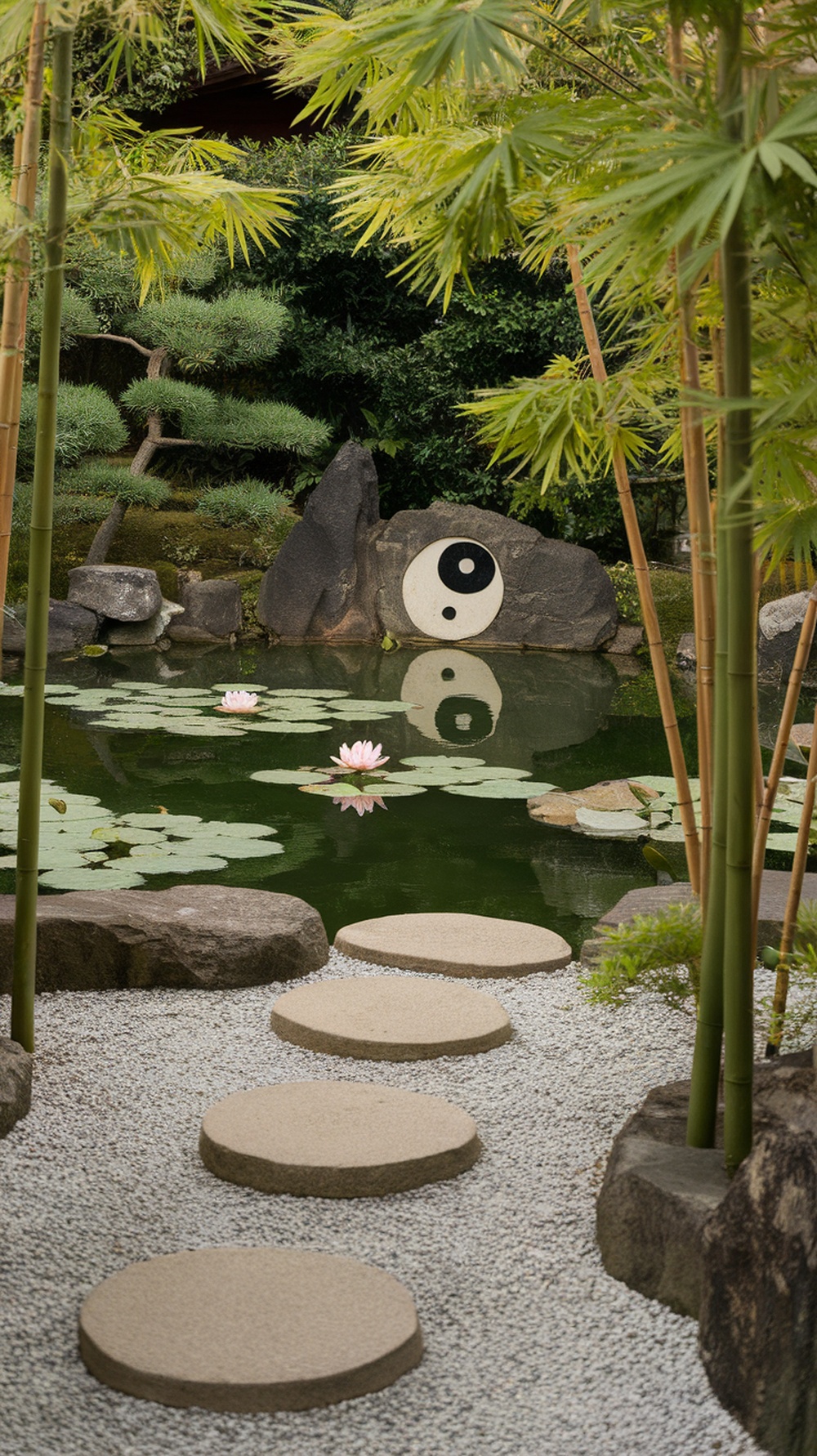 A tranquil Taoist Zen garden path featuring stepping stones, a pond with lily pads, and surrounding greenery.