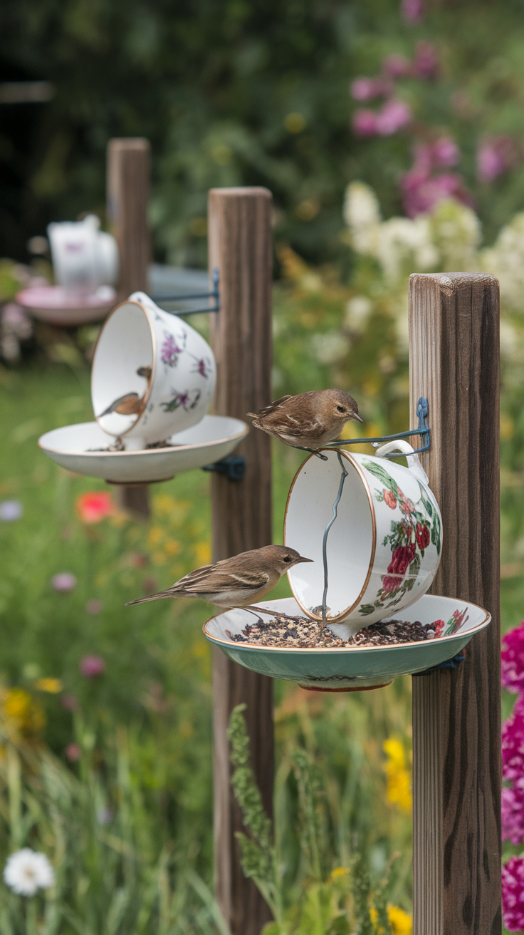 Birds feeding from tea cup bird feeders in a garden