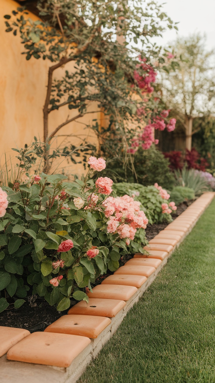 Terracotta tile lawn border with pink flowers and green plants