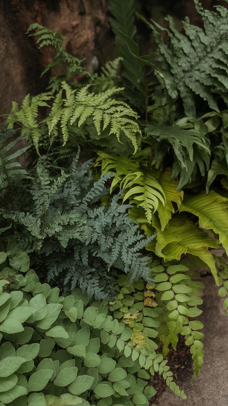 A lush assortment of ferns with different textures and shades of green.