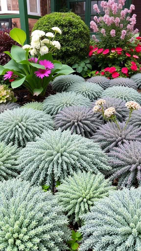 A vibrant garden featuring various textured ground cover plants alongside colorful flowers.