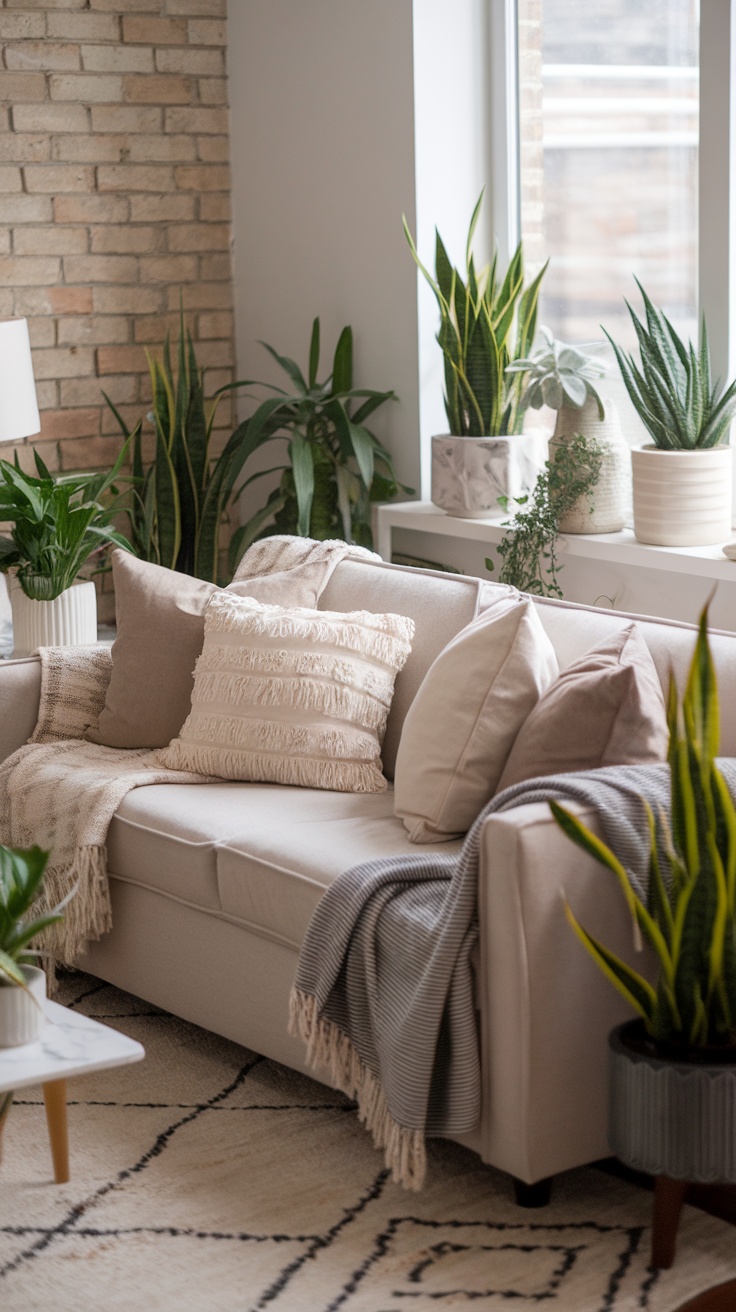 A cozy living room with a beige sofa, soft throw blankets, and various indoor plants creating a vibrant atmosphere.